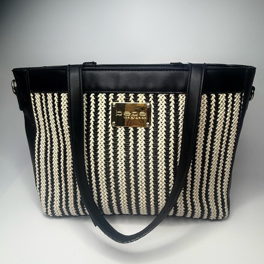 bebe Black & White Woven Tote Bag Faux Leather Handles 13x9